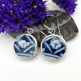medium sized silver mounted broken blue & white china earrings