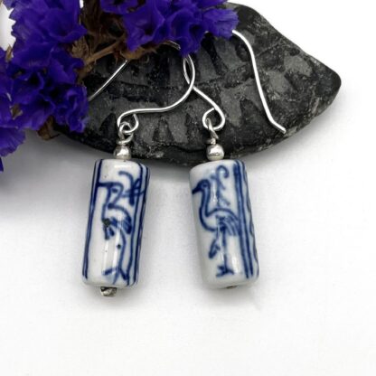 oriental blue and white ceramic beads recycled into silver earrings